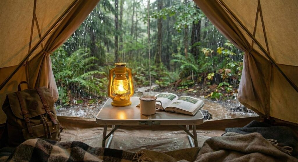 Ilustrasi tenda camping saat hujan dan angin kencang, tips survival camping.