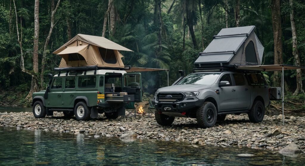 Mobil SUV camper car dengan roof top tent terpasang sedang camping di alam.