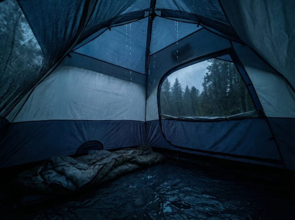 Ilustrasi tenda bocor saat camping yang disebabkan tidak adanya persiapan alat camping sebelum berangkat