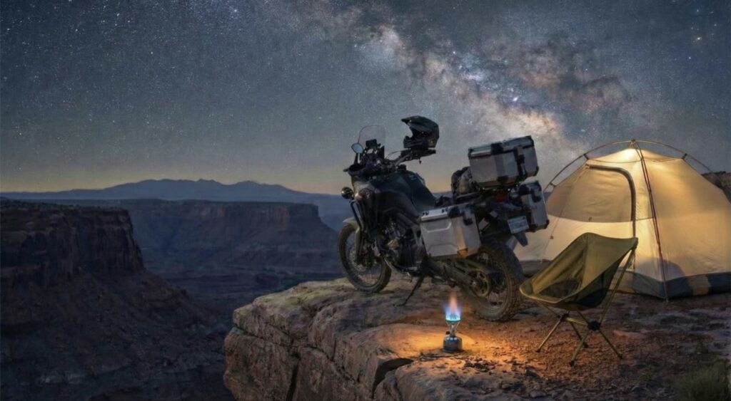Motor adventure touring terparkir di sebelah tenda camping saat motocamp