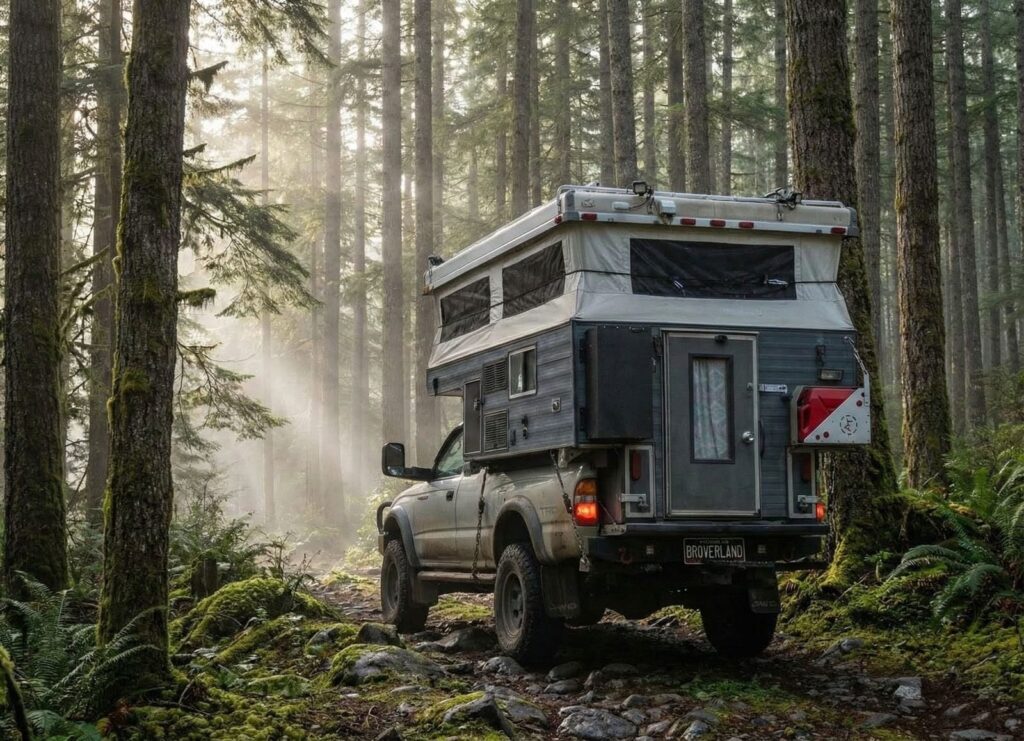 Mobil Toyota Hilux double cabin dengan slide-on camper box sedang overland