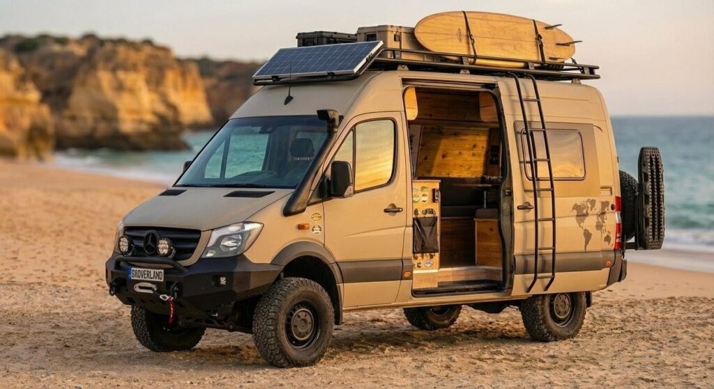 Interior campervan modifikasi dengan pintu geser terbuka menghadap pemandangan alam.