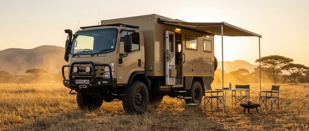 Truk Motorhome 4x4 ekspedisi overland dengan fasilitas lengkap di alam liar.
