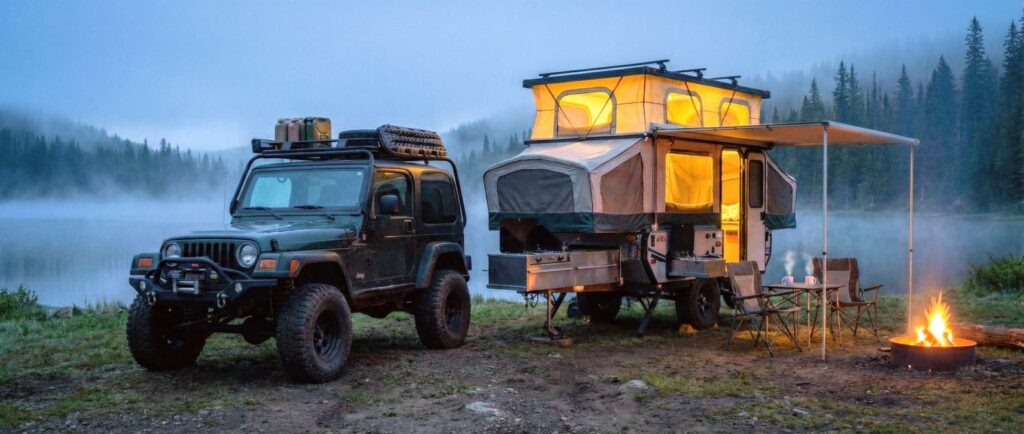 SUV camper trailer atau caravan di jalur offroad saat camping